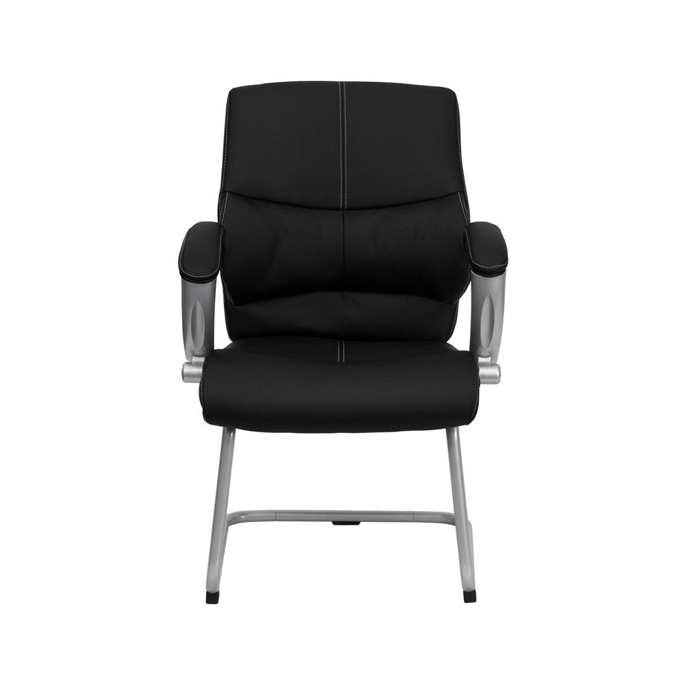 Black LeatherSoft Executive Side Reception Chair with Silver Sled Base