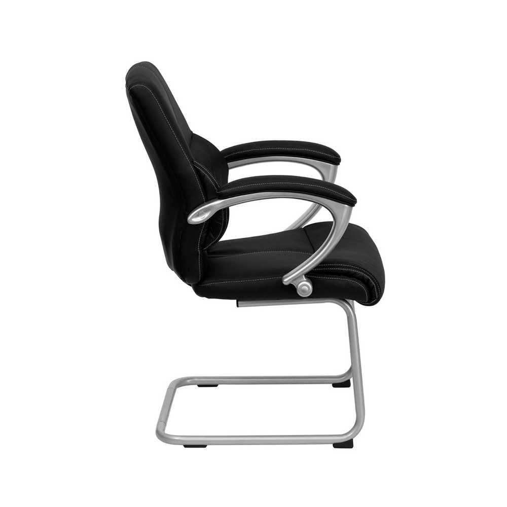 Black LeatherSoft Executive Side Reception Chair with Silver Sled Base