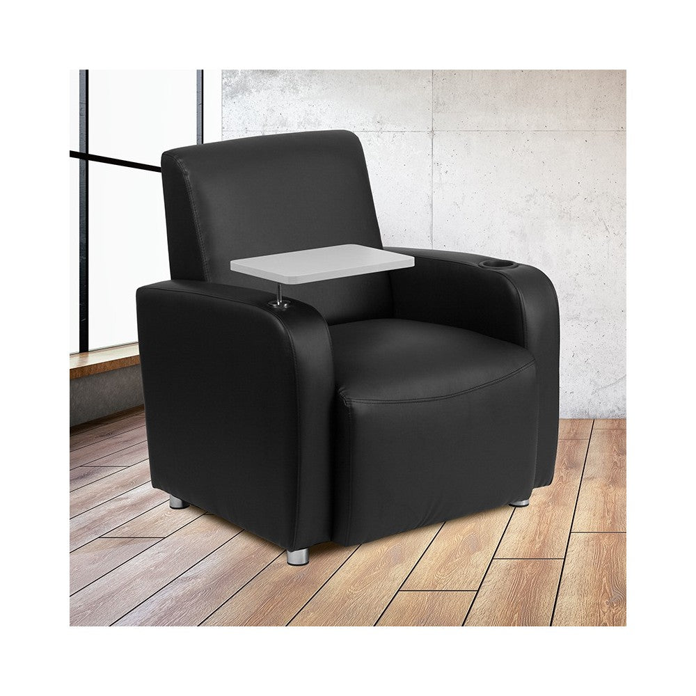 Black LeatherSoft Guest Chair with Tablet Arm, Chrome Legs and Cup Holder