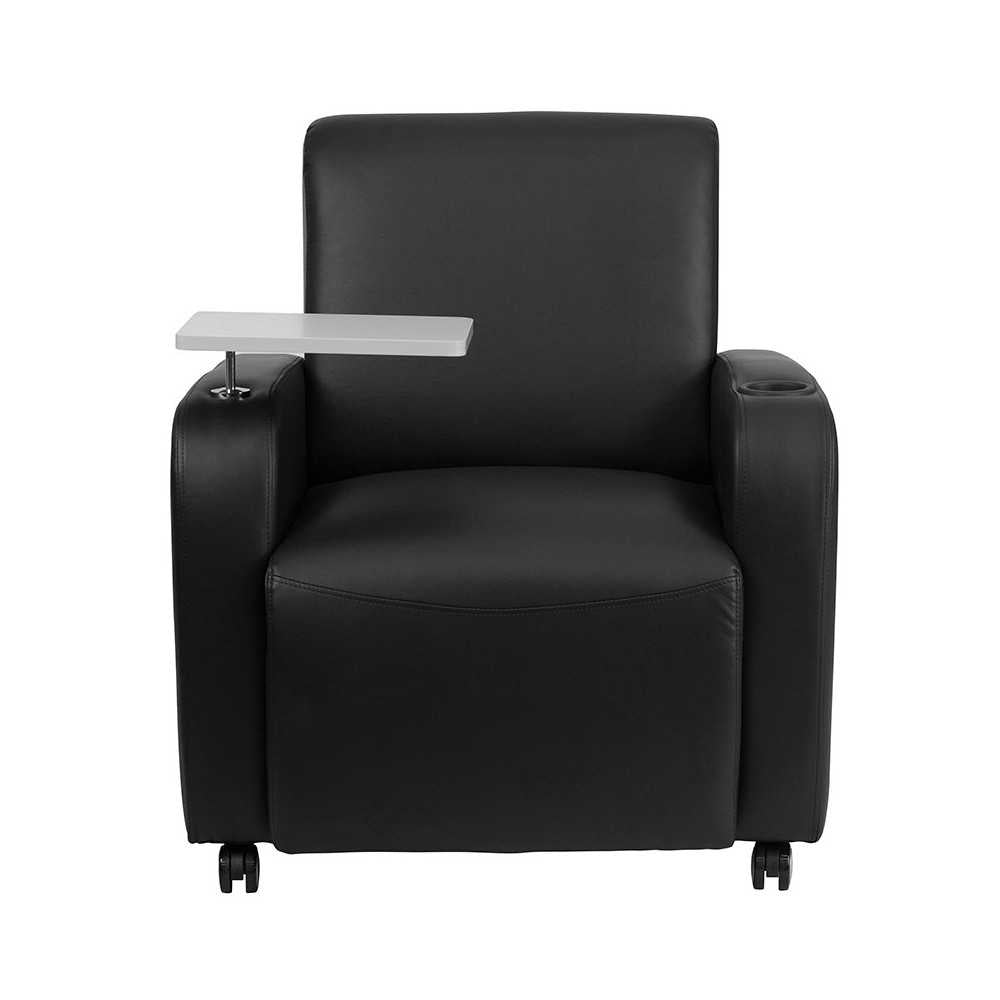 Black LeatherSoft Guest Chair with Tablet Arm, Front Wheel Casters and Cup Holder