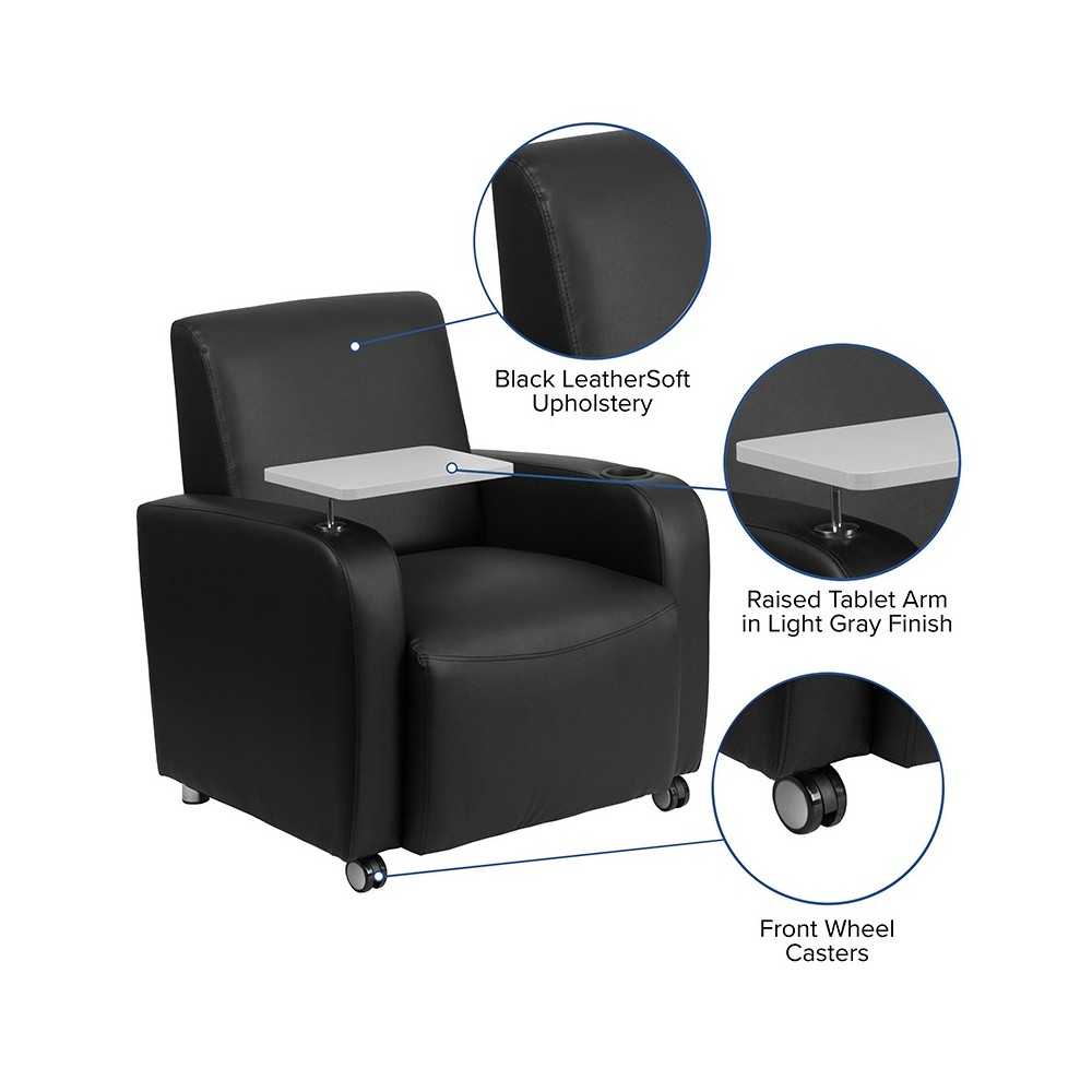 Black LeatherSoft Guest Chair with Tablet Arm, Front Wheel Casters and Cup Holder