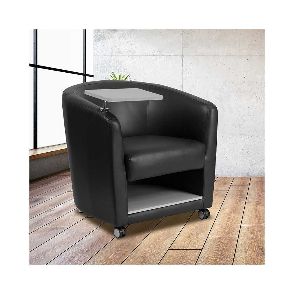 Black LeatherSoft Guest Chair with Tablet Arm, Front Wheel Casters and Under Seat Storage