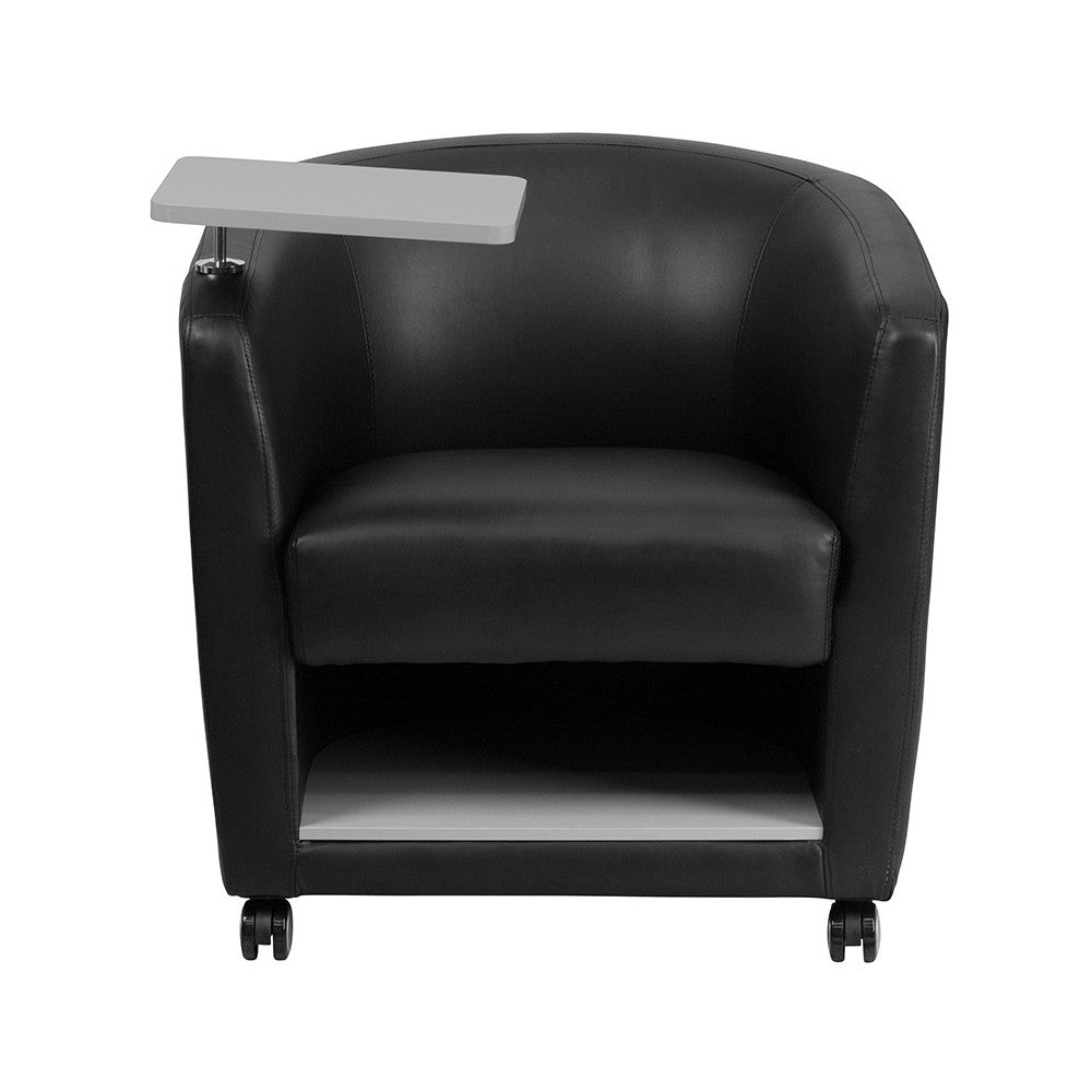 Black LeatherSoft Guest Chair with Tablet Arm, Front Wheel Casters and Under Seat Storage