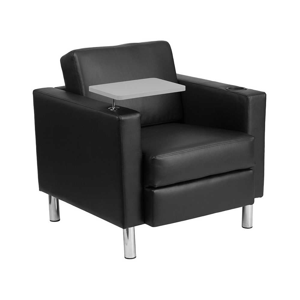 Black LeatherSoft Guest Chair with Tablet Arm, Tall Chrome Legs and Cup Holder