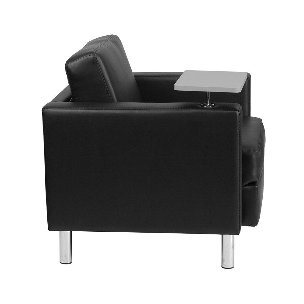 Black LeatherSoft Guest Chair with Tablet Arm, Tall Chrome Legs and Cup Holder