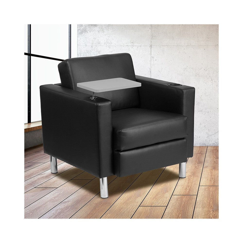 Black LeatherSoft Guest Chair with Tablet Arm, Tall Chrome Legs and Cup Holder