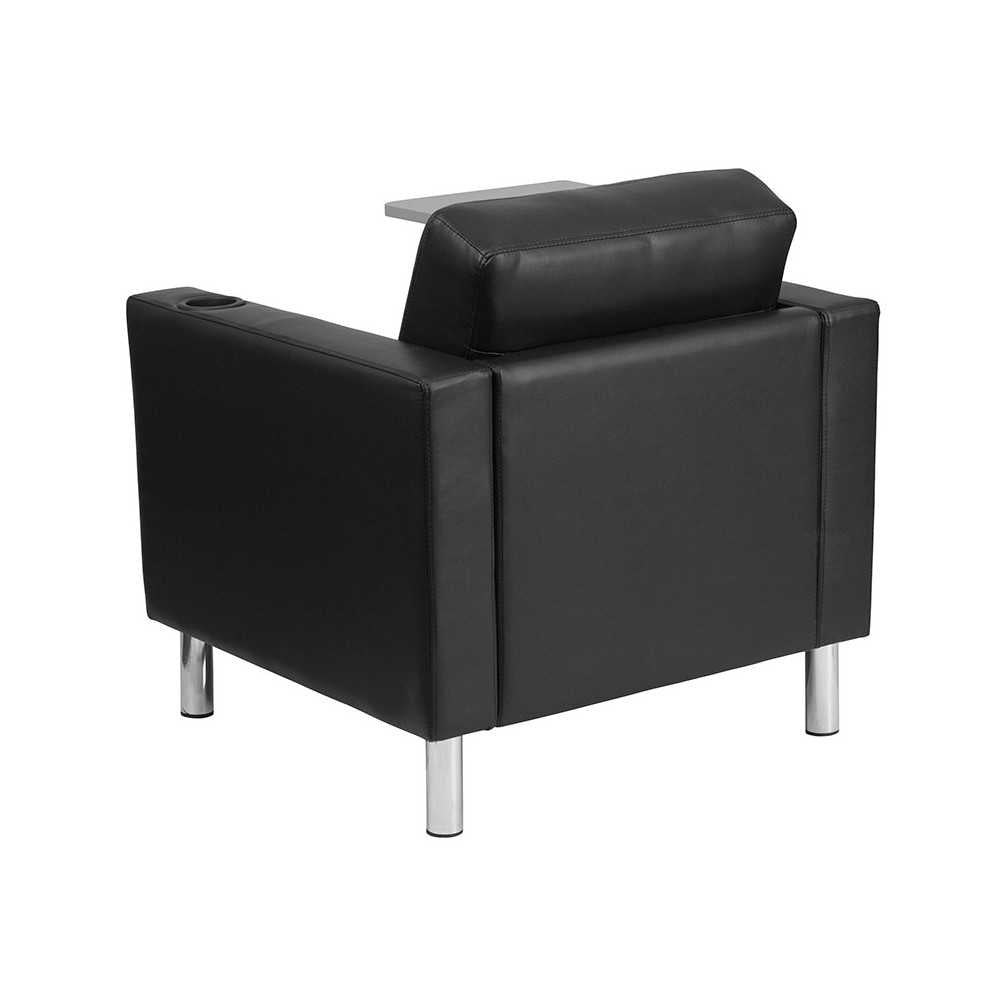 Black LeatherSoft Guest Chair with Tablet Arm, Tall Chrome Legs and Cup Holder