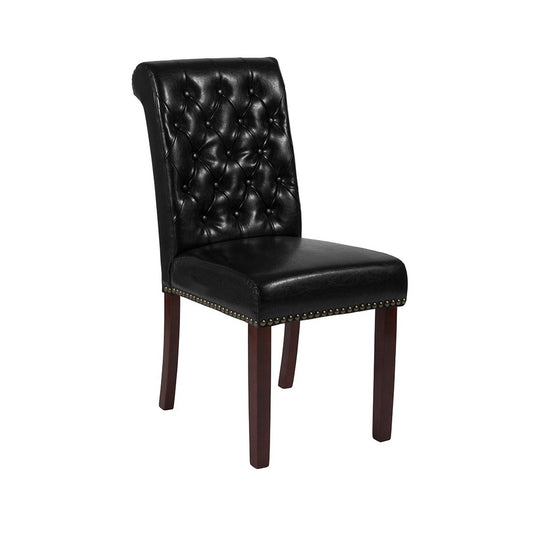 Black LeatherSoft Parsons Chair with Rolled Back, Accent Nail Trim and Walnut Finish