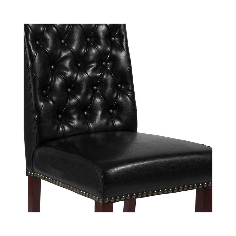 Black LeatherSoft Parsons Chair with Rolled Back, Accent Nail Trim and Walnut Finish