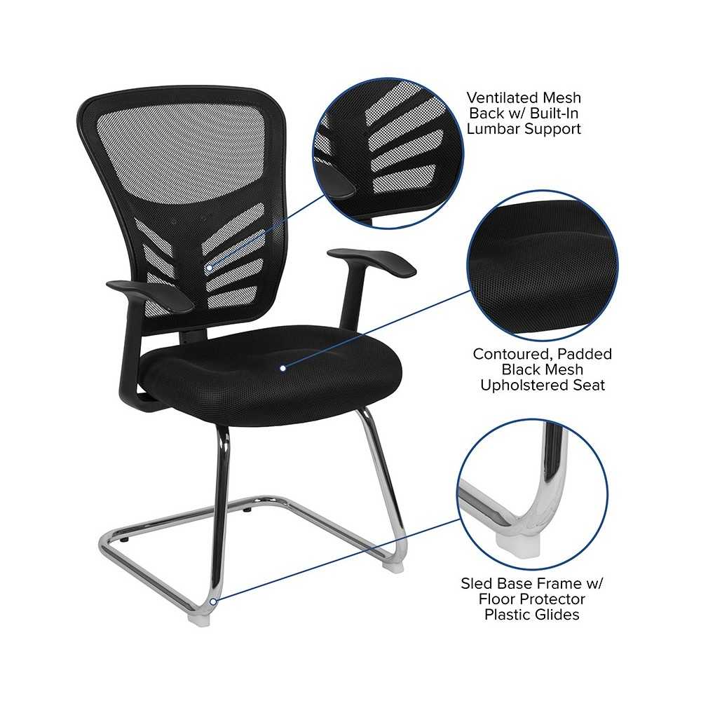 Black Mesh Side Reception Chair with Chrome Sled Base