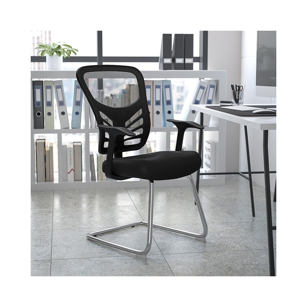 Black Mesh Side Reception Chair with Chrome Sled Base