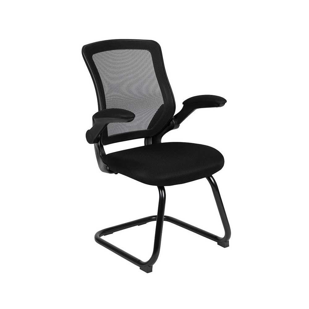 Black Mesh Sled Base Side Reception Chair with Flip-Up Arms