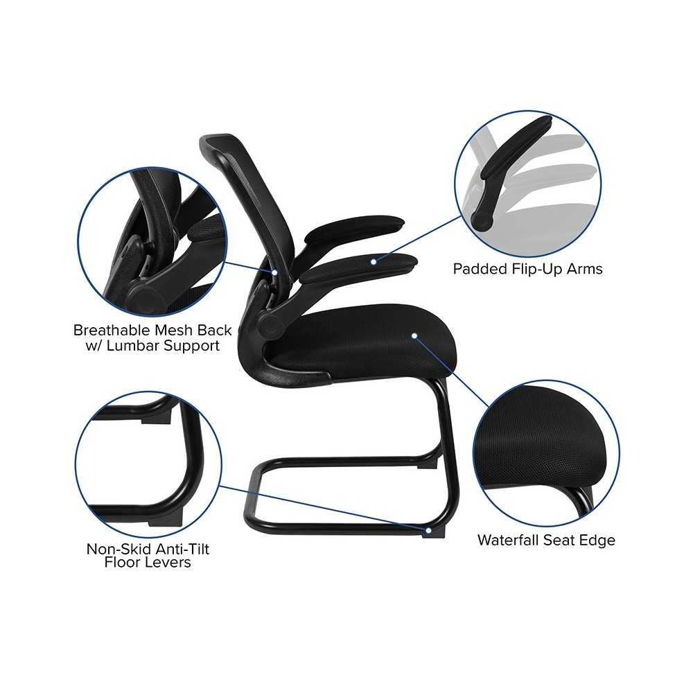 Black Mesh Sled Base Side Reception Chair with Flip-Up Arms