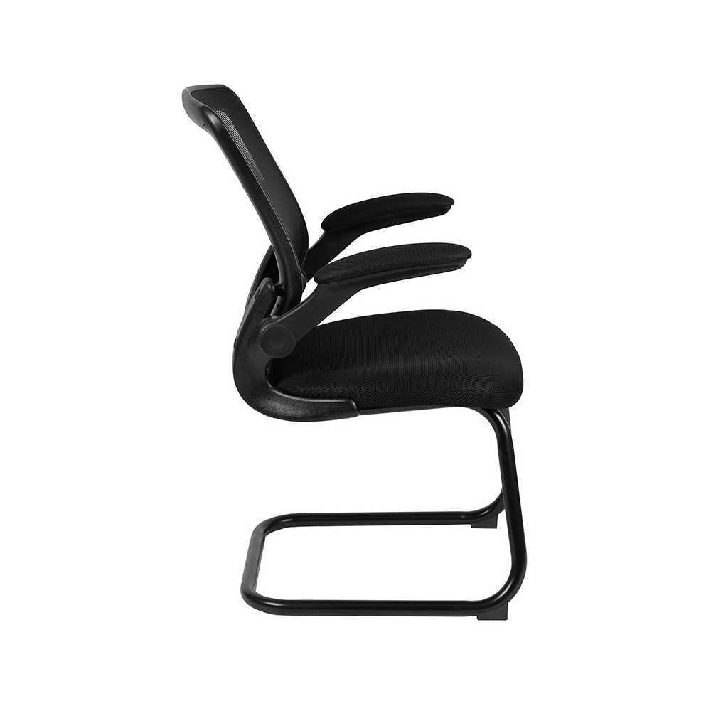 Black Mesh Sled Base Side Reception Chair with Flip-Up Arms