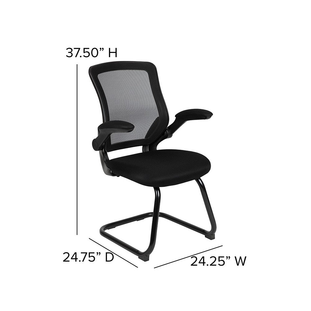 Black Mesh Sled Base Side Reception Chair with Flip-Up Arms