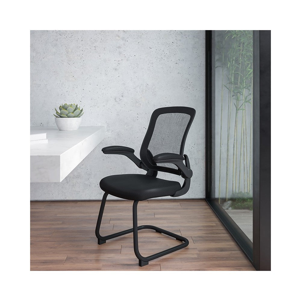 Black Mesh Sled Base Side Reception Chair with Flip-Up Arms