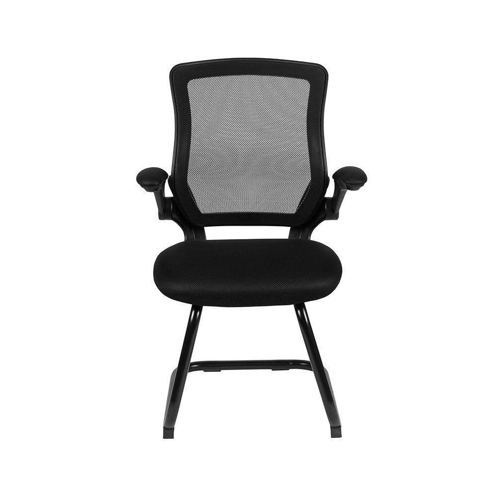 Black Mesh Sled Base Side Reception Chair with Flip-Up Arms
