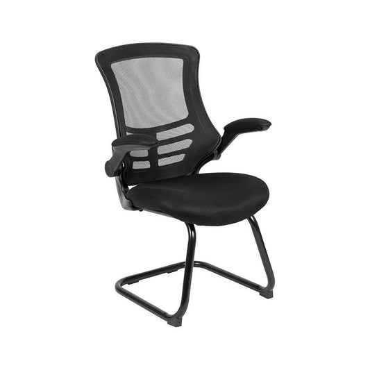 Black Mesh Sled Base Side Reception Chair with Flip-Up Arms