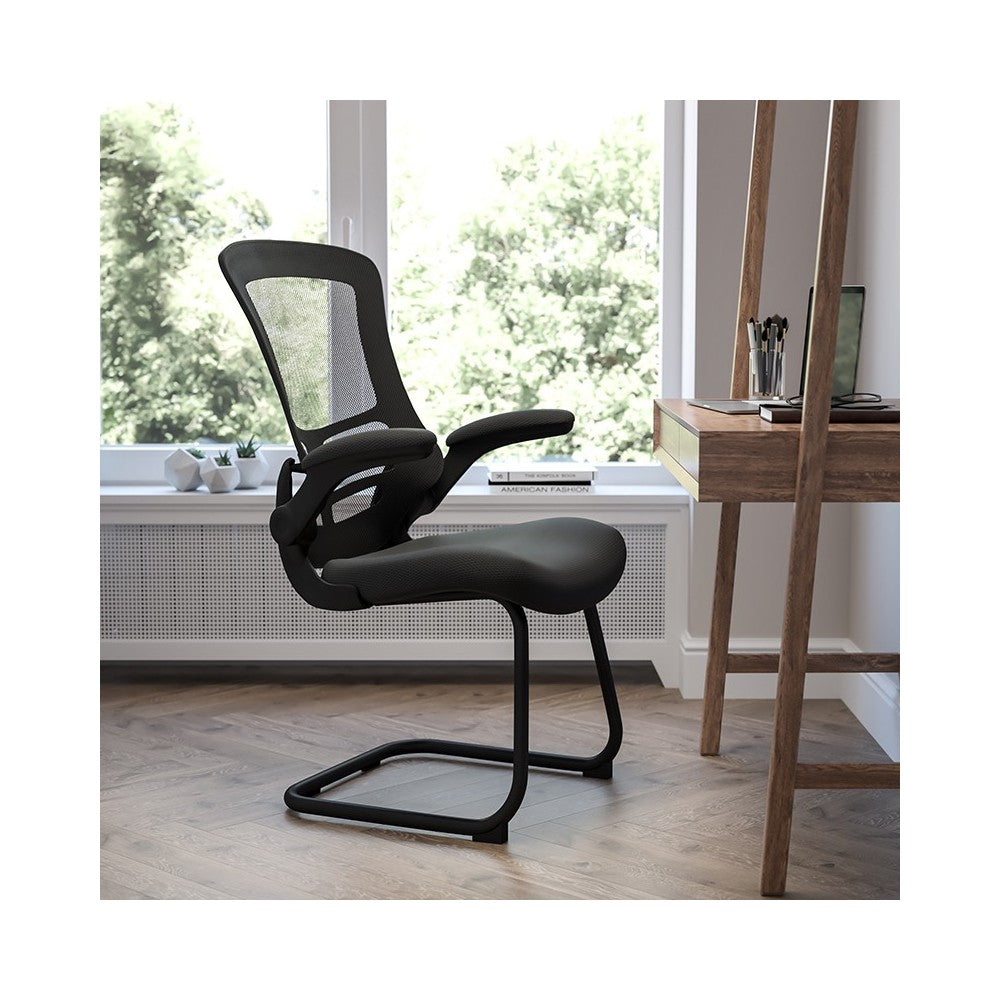Black Mesh Sled Base Side Reception Chair with Flip-Up Arms