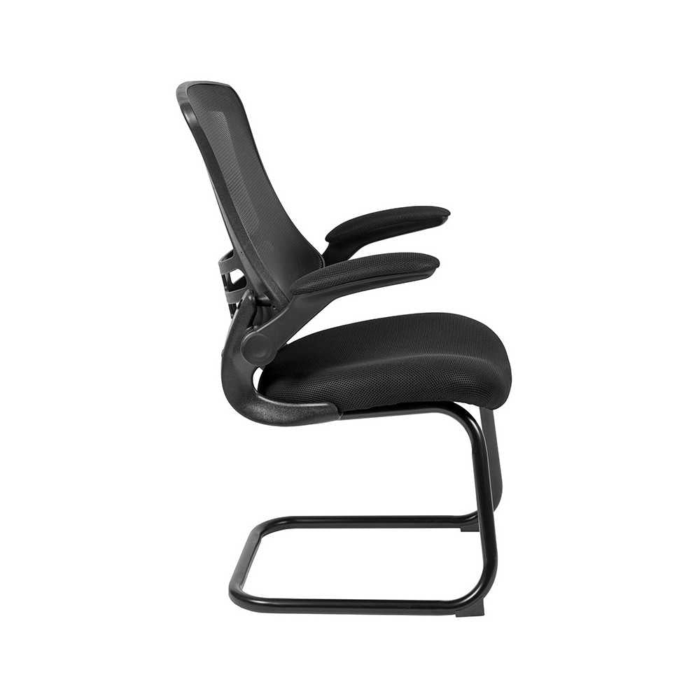 Black Mesh Sled Base Side Reception Chair with Flip-Up Arms
