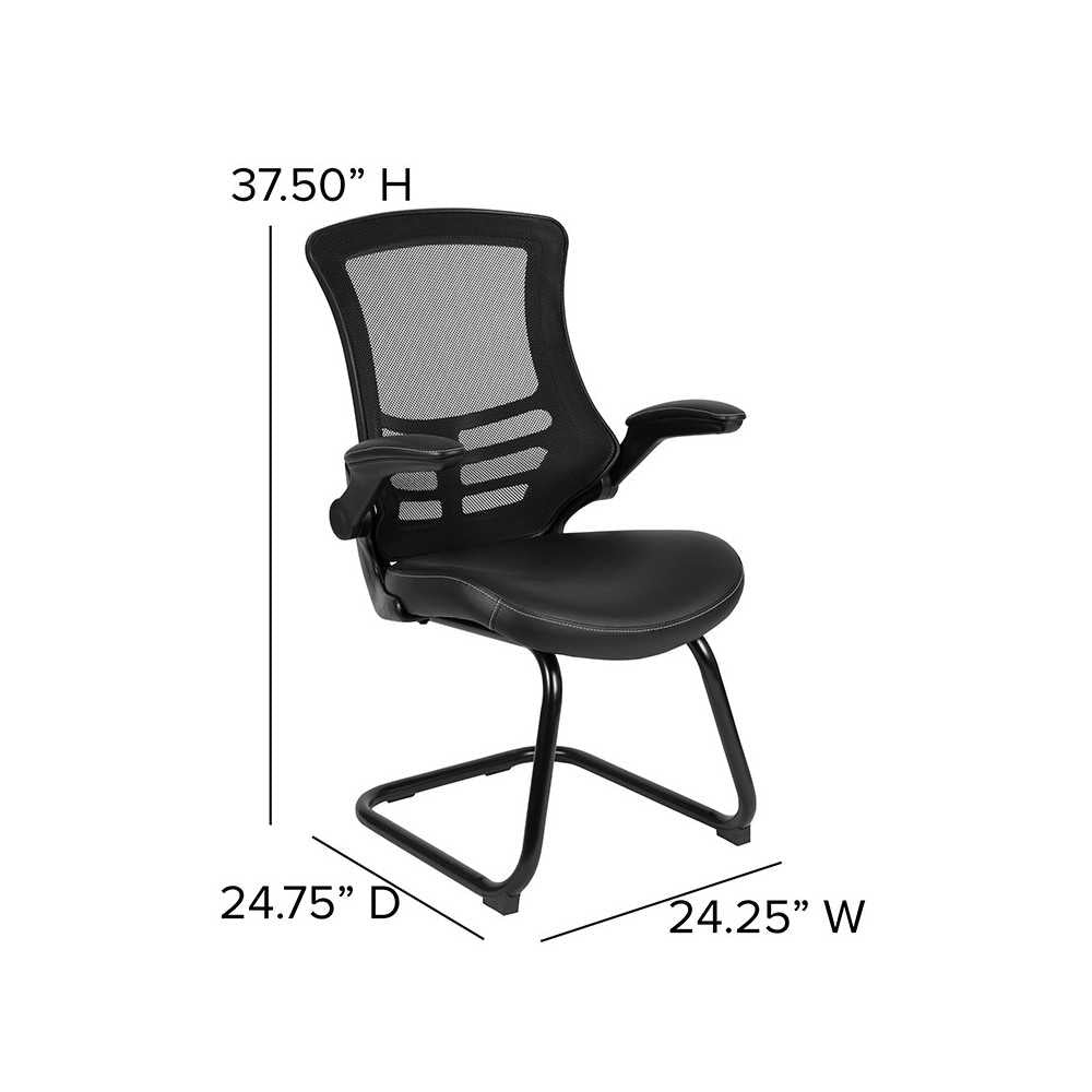 Black Mesh Sled Base Side Reception Chair with White Stitched LeatherSoft Seat and Flip-Up Arms