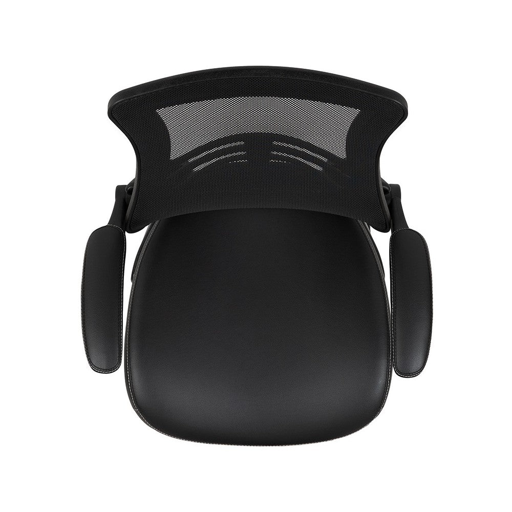 Black Mesh Sled Base Side Reception Chair with White Stitched LeatherSoft Seat and Flip-Up Arms