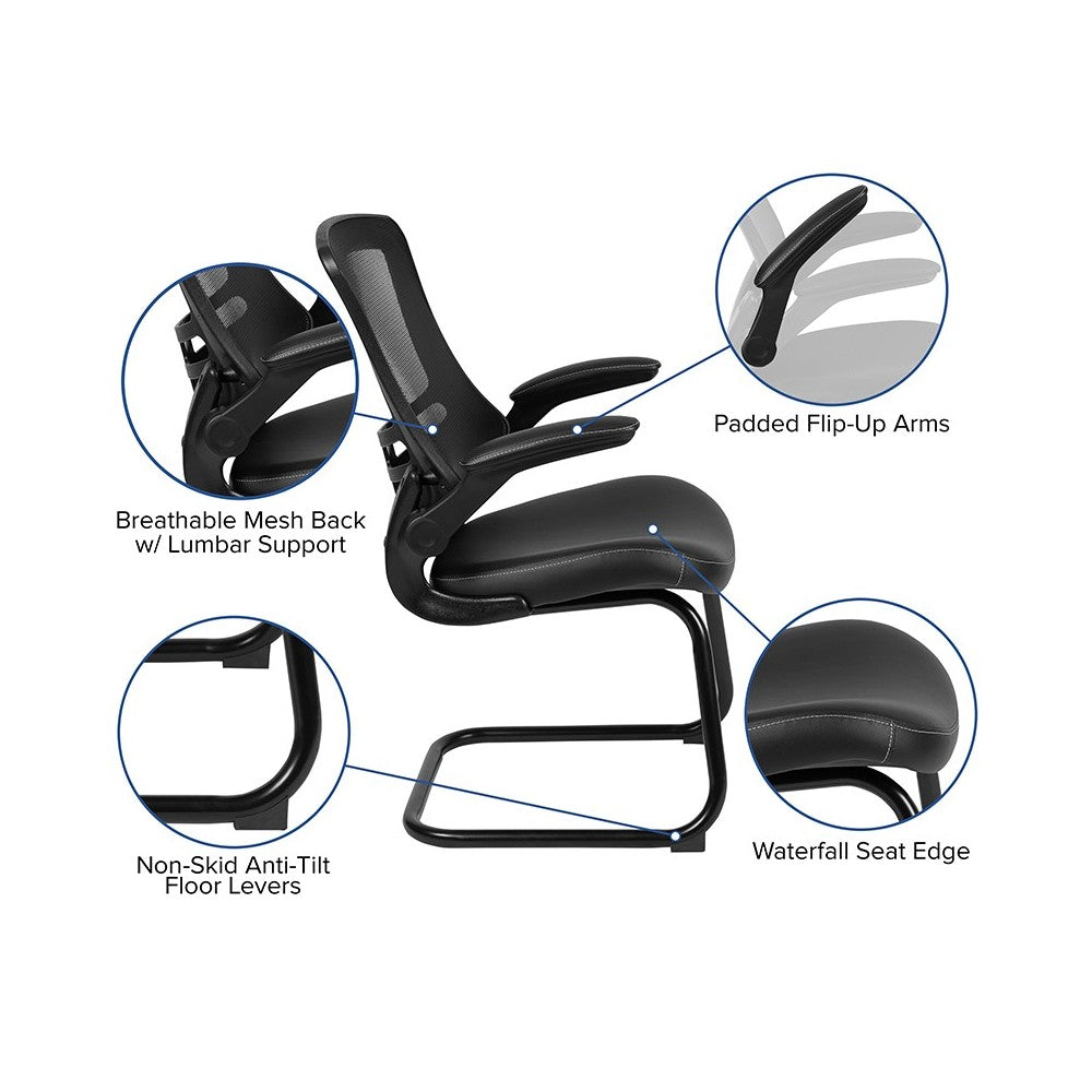 Black Mesh Sled Base Side Reception Chair with White Stitched LeatherSoft Seat and Flip-Up Arms