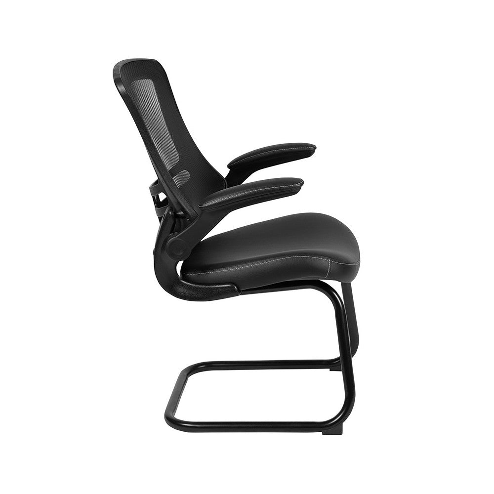 Black Mesh Sled Base Side Reception Chair with White Stitched LeatherSoft Seat and Flip-Up Arms