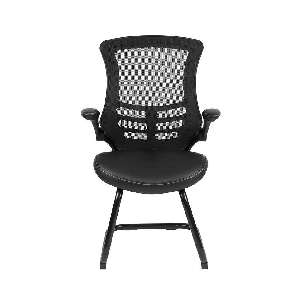 Black Mesh Sled Base Side Reception Chair with White Stitched LeatherSoft Seat and Flip-Up Arms