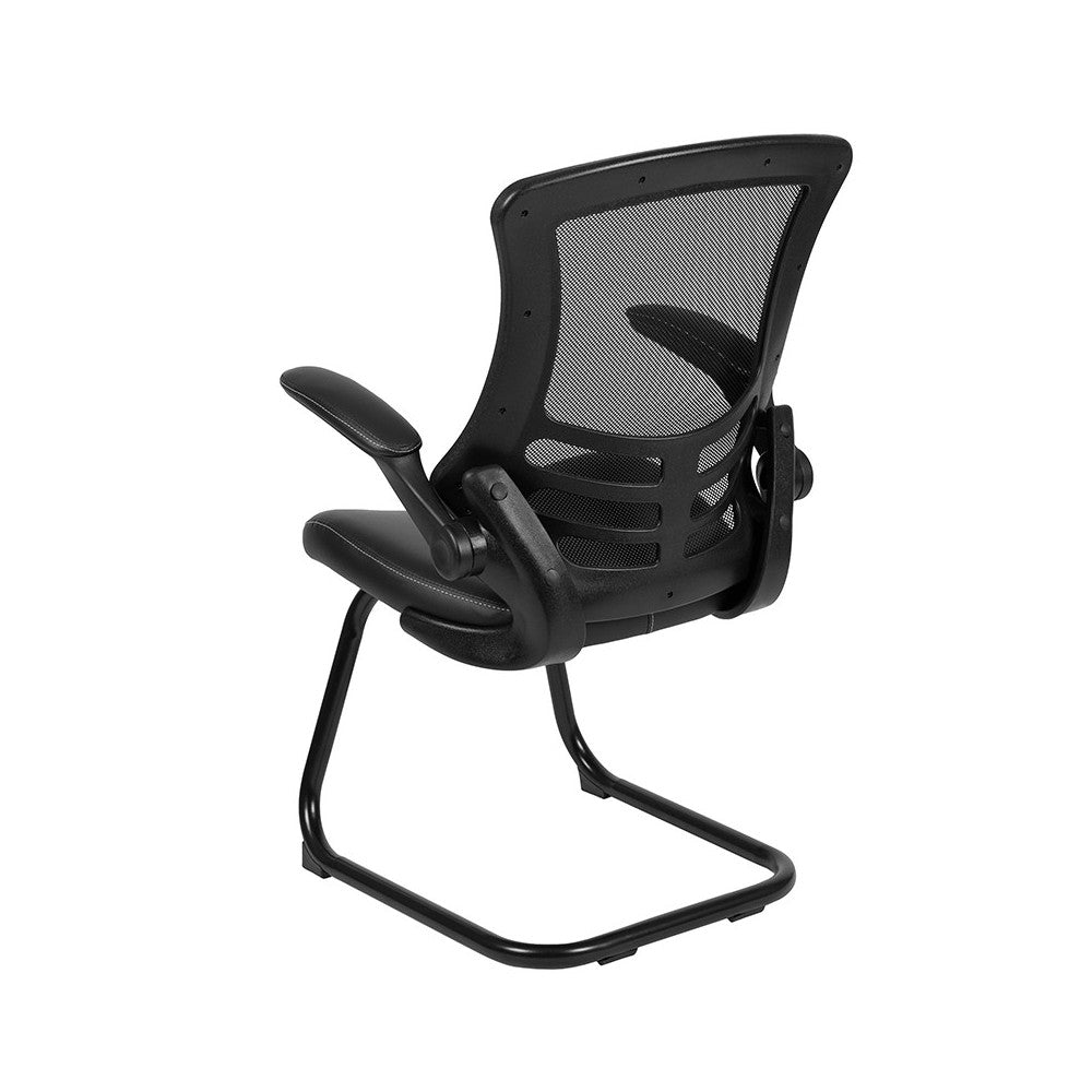 Black Mesh Sled Base Side Reception Chair with White Stitched LeatherSoft Seat and Flip-Up Arms
