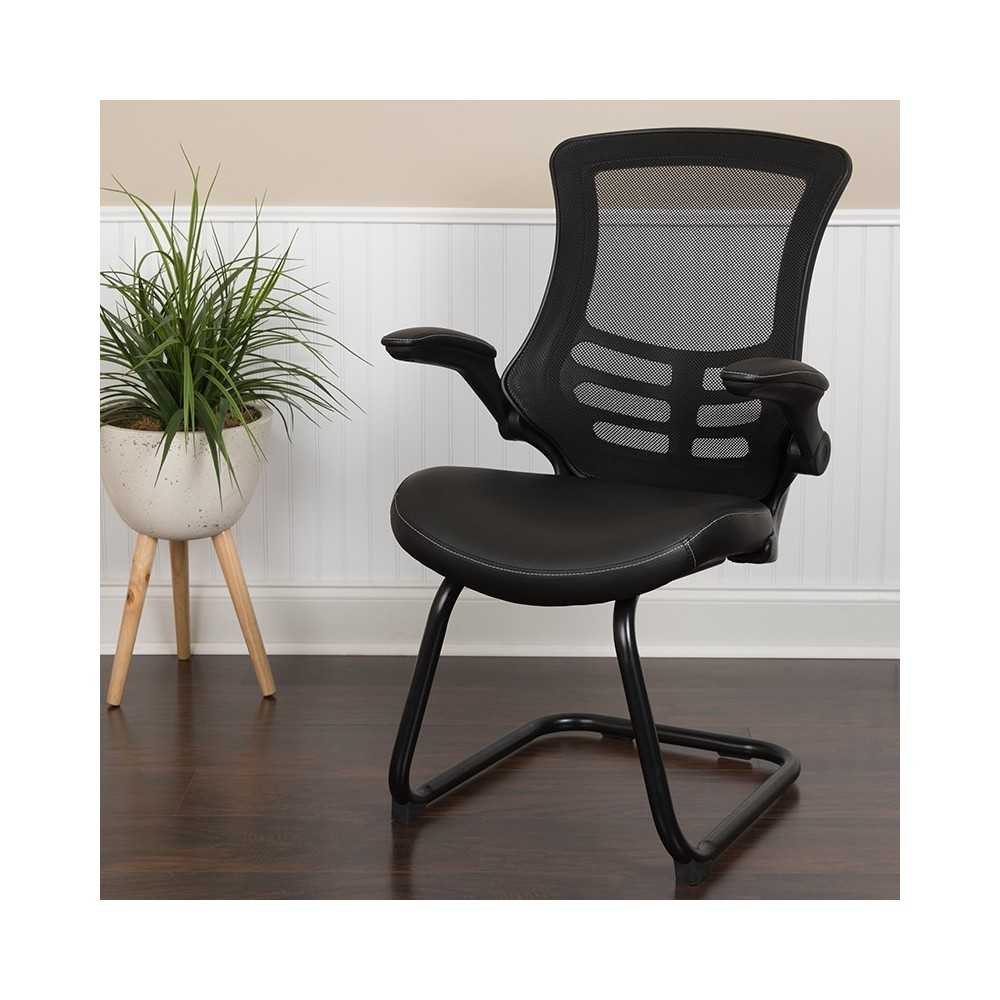 Black Mesh Sled Base Side Reception Chair with White Stitched LeatherSoft Seat and Flip-Up Arms