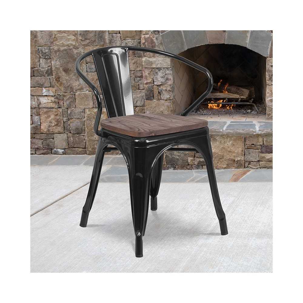 Black Metal Chair with Wood Seat and Arms