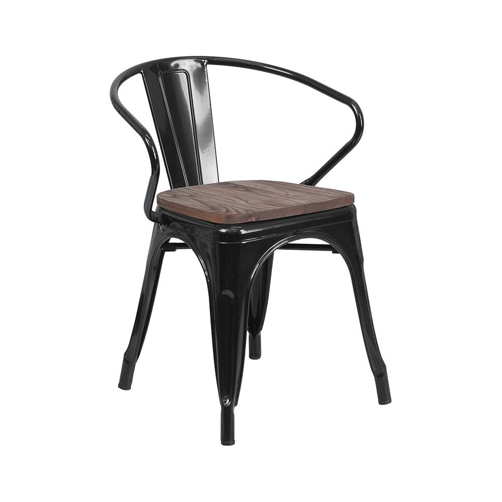 Black Metal Chair with Wood Seat and Arms