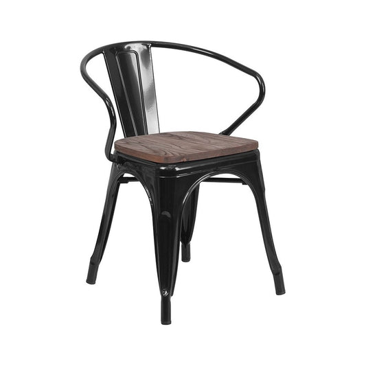 Black Metal Chair with Wood Seat and Arms