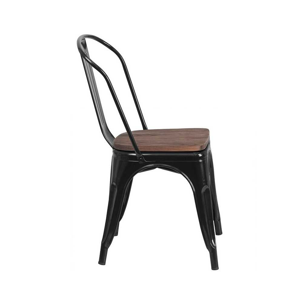 Black Metal Stackable Chair with Wood Seat