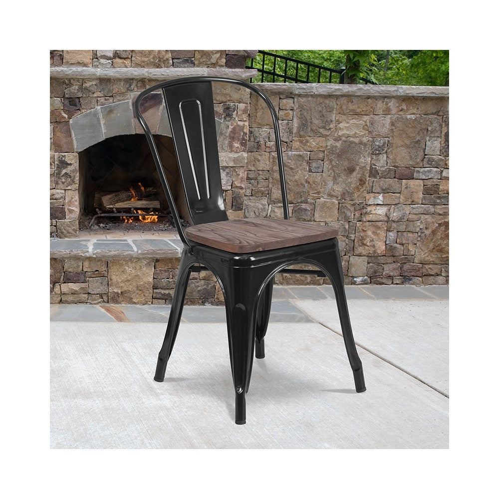 Black Metal Stackable Chair with Wood Seat