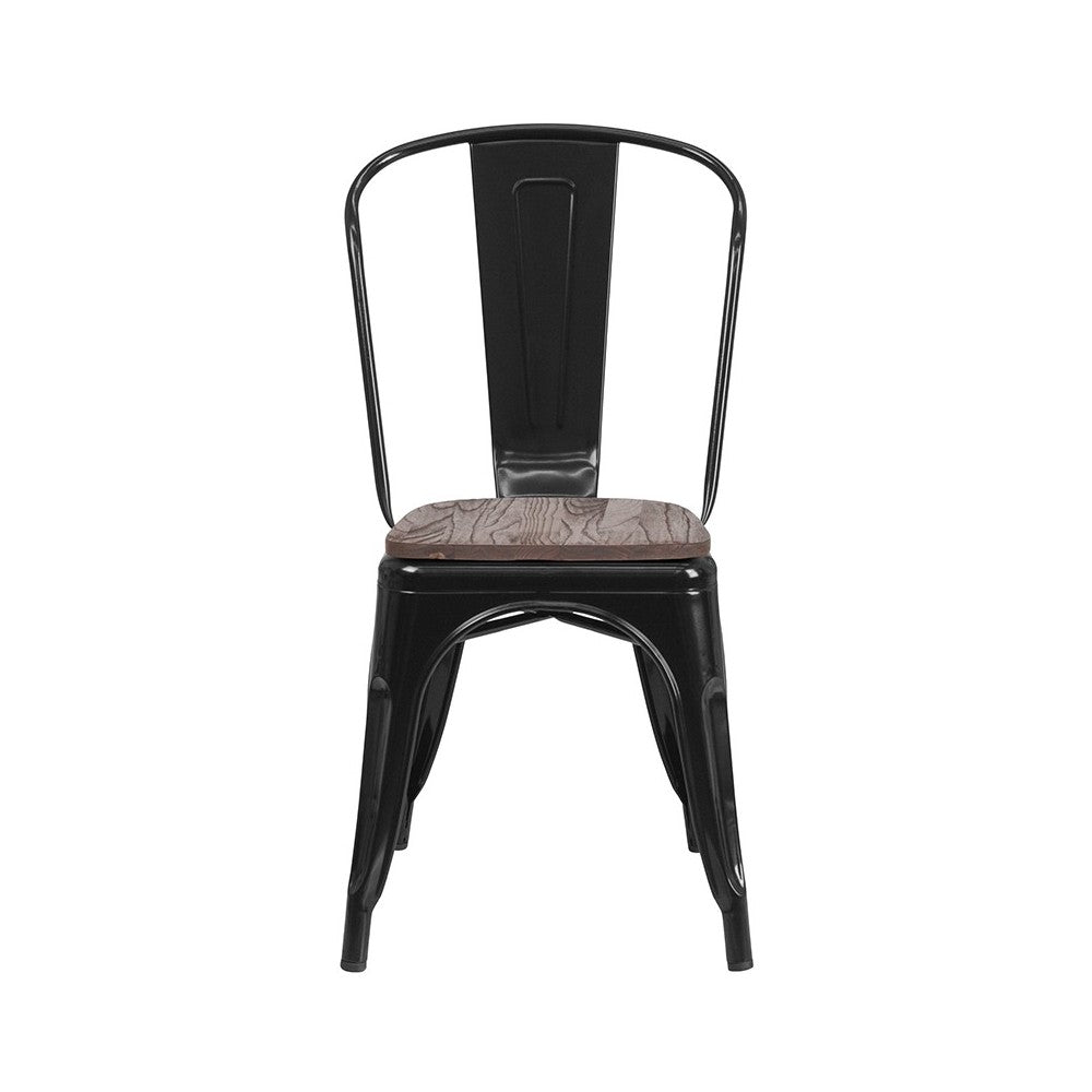 Black Metal Stackable Chair with Wood Seat