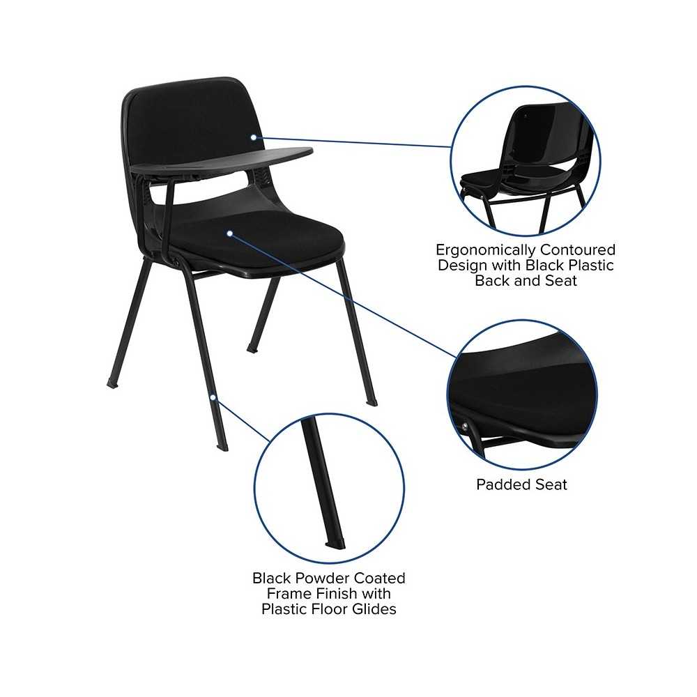 Black Padded Ergonomic Shell Chair with Right Handed Flip-Up Tablet Arm