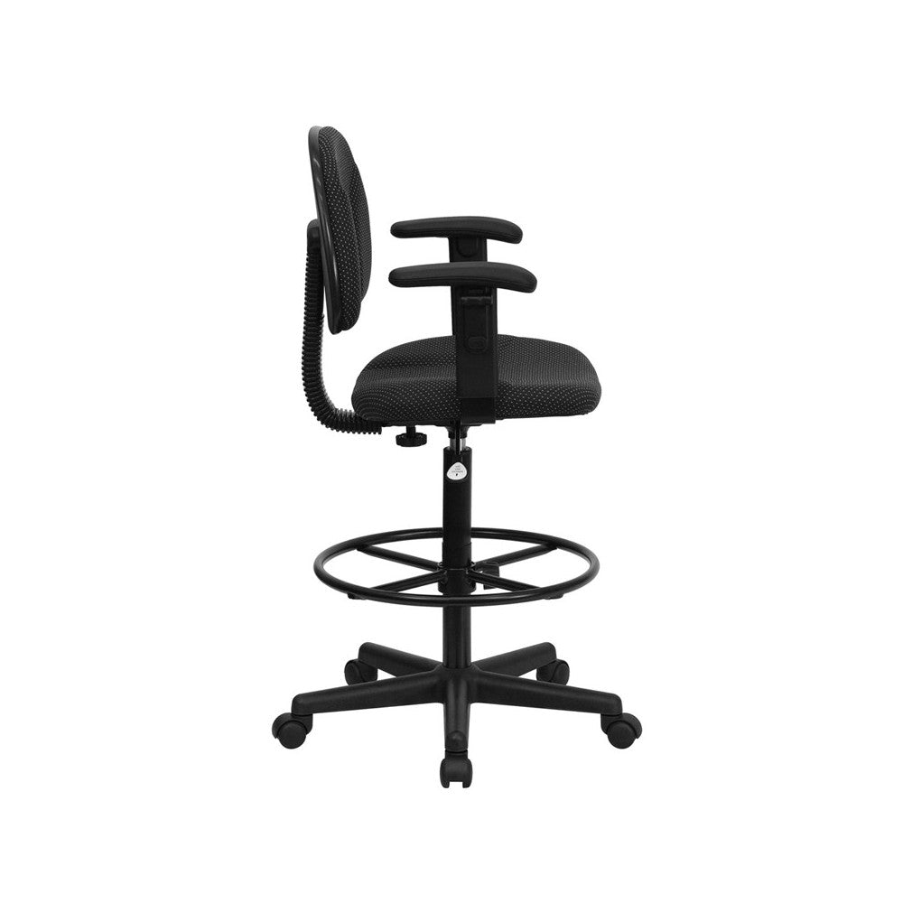 Black Patterned Fabric Drafting Chair with Adjustable Arms (Cylinders: 22.5''-27''H or 26''-30.5''H)