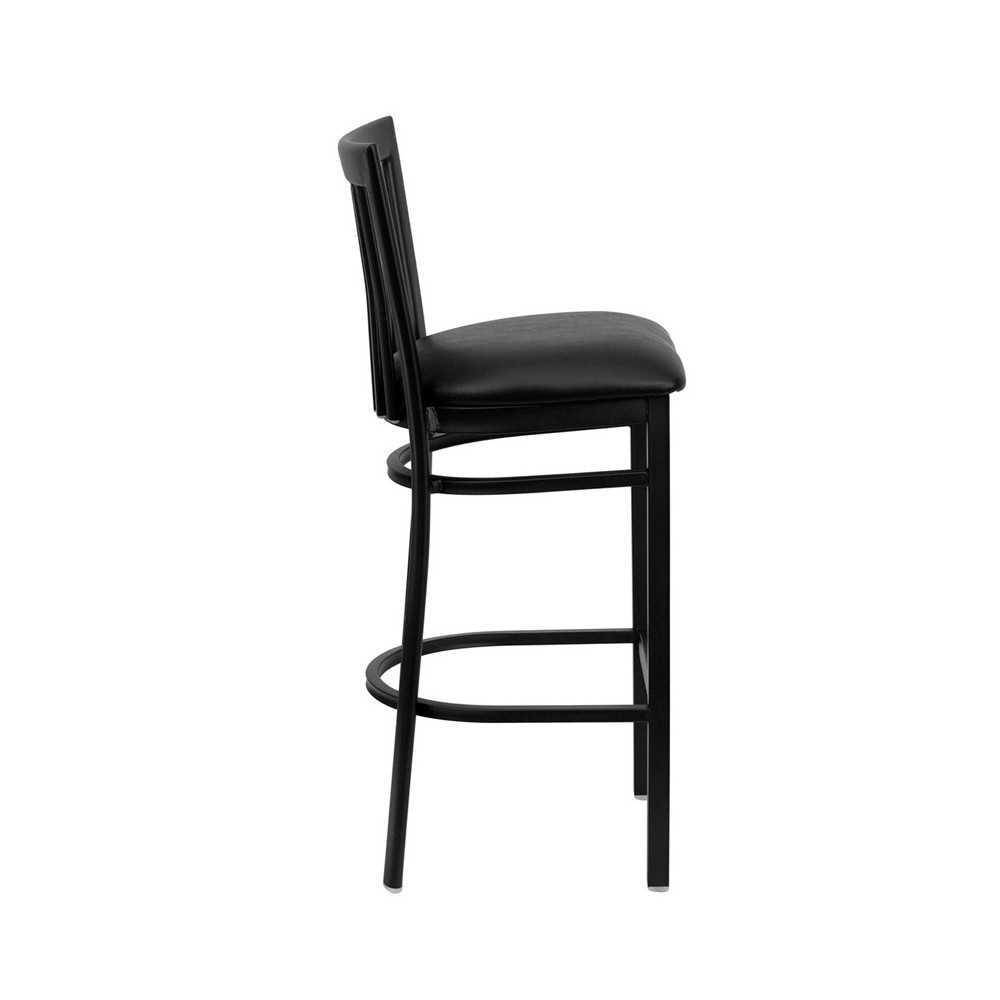 Black School House Back Metal Restaurant Barstool - Black Vinyl Seat