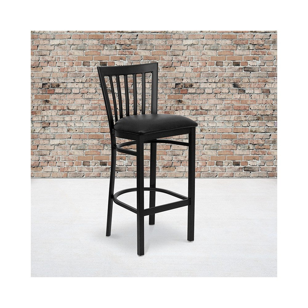 Black School House Back Metal Restaurant Barstool - Black Vinyl Seat