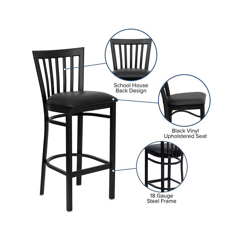 Black School House Back Metal Restaurant Barstool - Black Vinyl Seat
