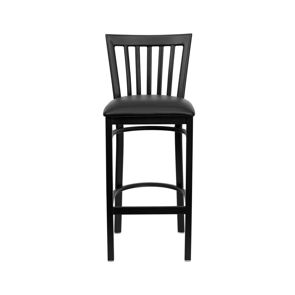 Black School House Back Metal Restaurant Barstool - Black Vinyl Seat