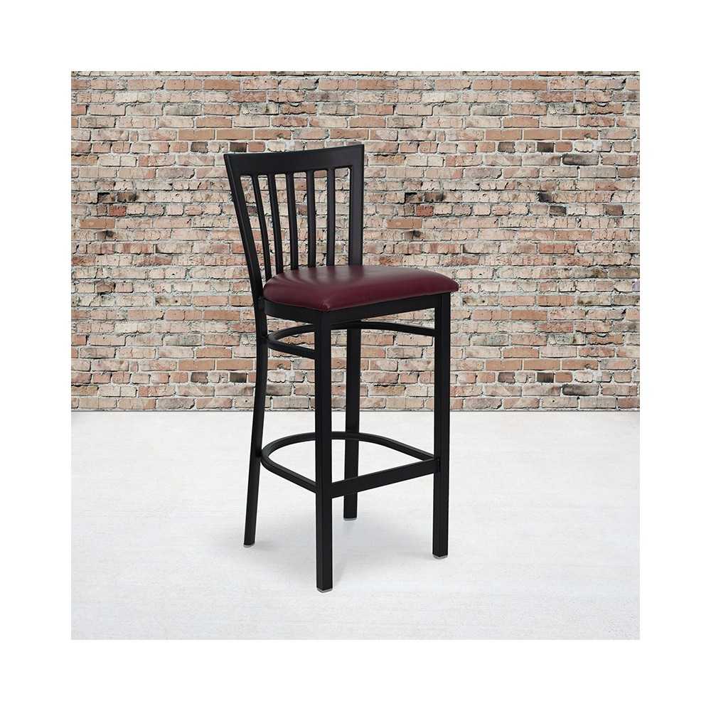Black School House Back Metal Restaurant Barstool - Burgundy Vinyl Seat