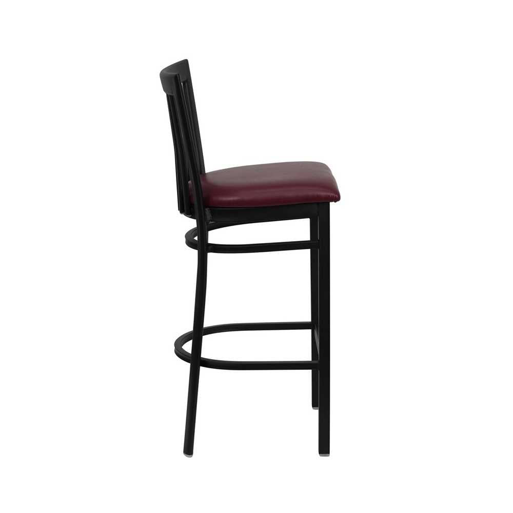 Black School House Back Metal Restaurant Barstool - Burgundy Vinyl Seat