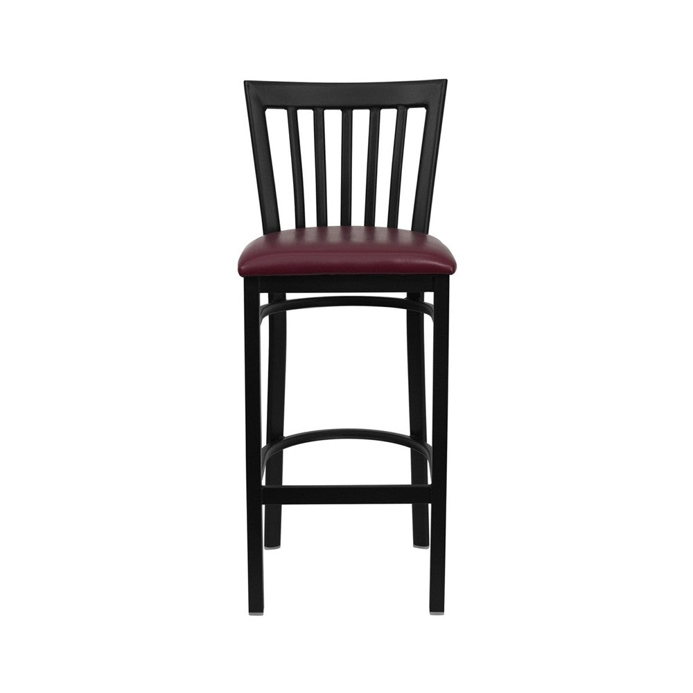 Black School House Back Metal Restaurant Barstool - Burgundy Vinyl Seat