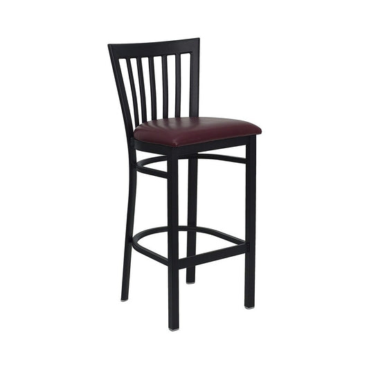 Black School House Back Metal Restaurant Barstool - Burgundy Vinyl Seat