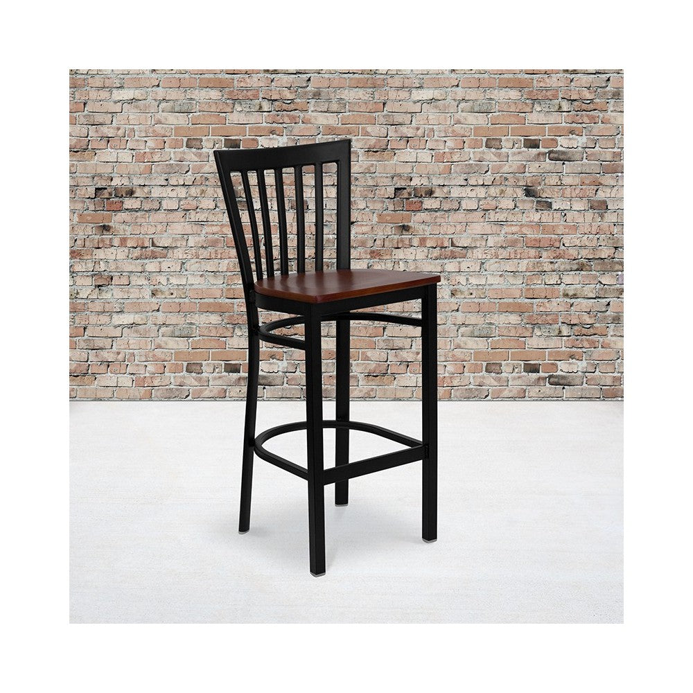 Black School House Back Metal Restaurant Barstool - Cherry Wood Seat