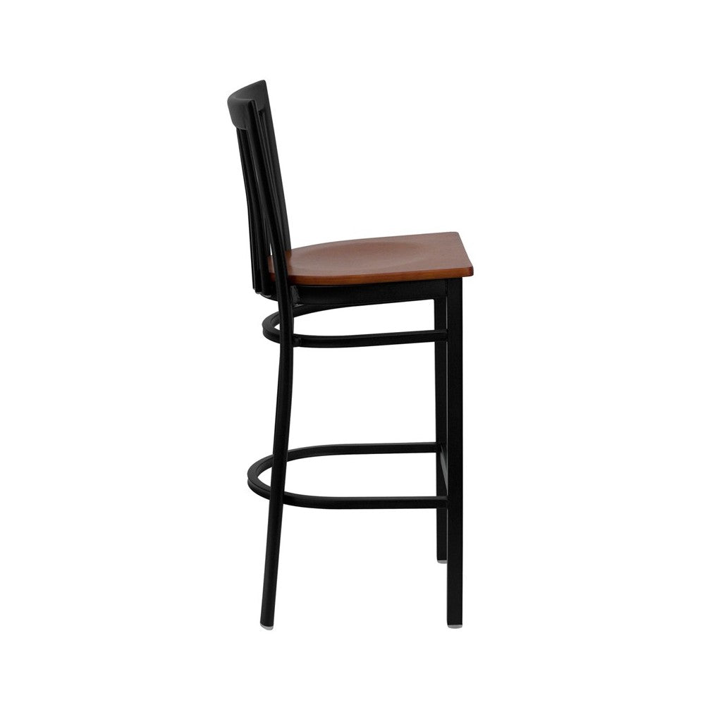 Black School House Back Metal Restaurant Barstool - Cherry Wood Seat