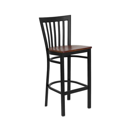 Black School House Back Metal Restaurant Barstool - Cherry Wood Seat